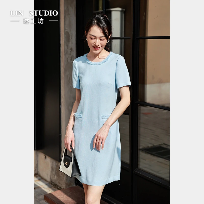 【醋酸】琳工坊“风尽”蓝色连衣裙优雅气质时尚休闲夏季唐琳设计师