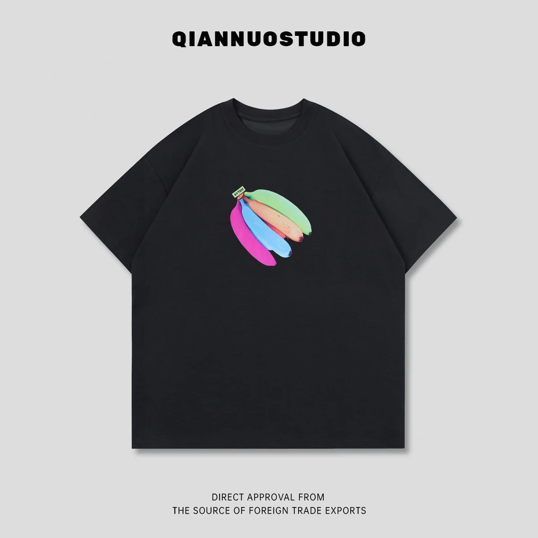 美式香蕉印花撞色宽松圆领短袖T恤潮牌夏季上衣