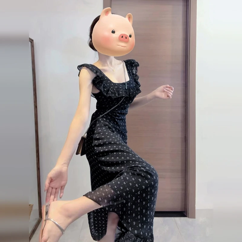 黑色小飞袖连衣裙子女夏季2025新款爆款法式高级感气质小个子长裙