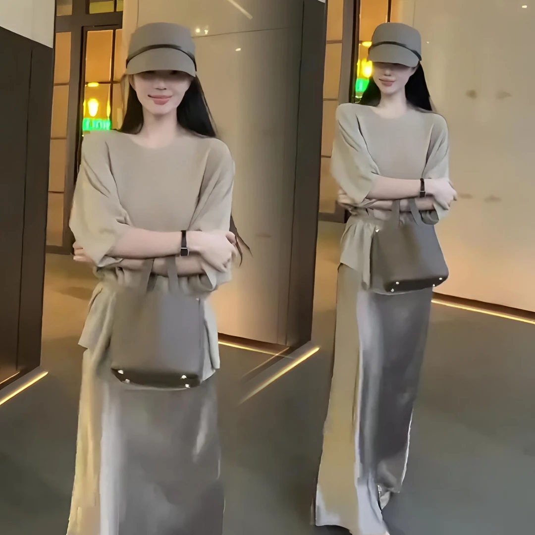 高品质高级圆领冰丝老钱风宽松T恤上衣配腰带高腰长款开叉半身裙