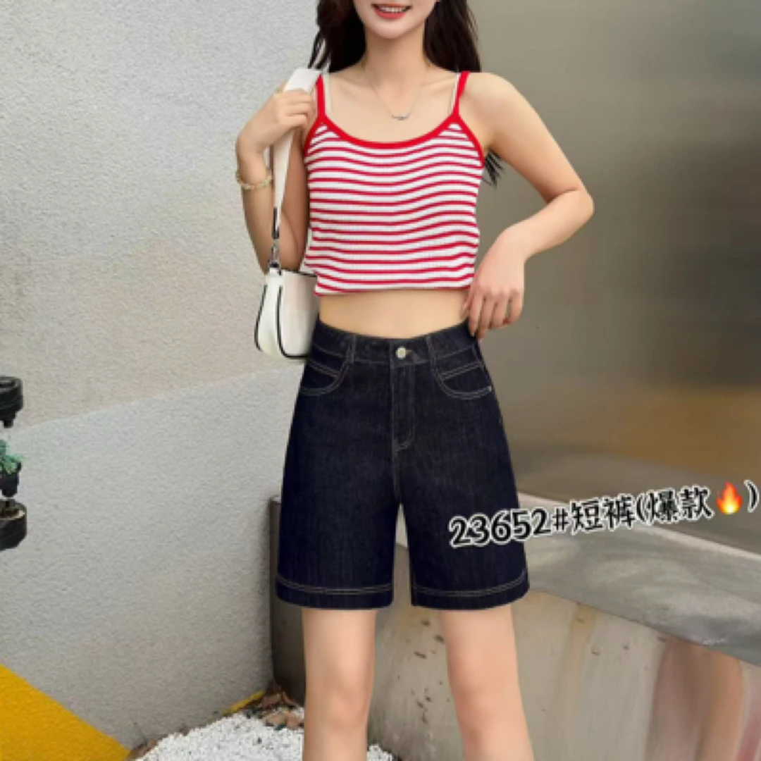 23652#【裤长43】夏季高腰极简风薄款短裤显瘦新复古风牛仔短裤