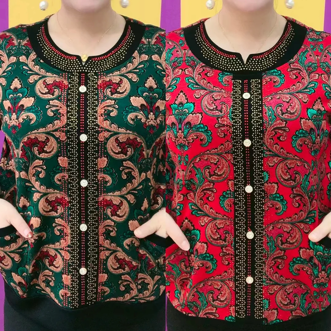 新款圆领双兜老年款妈妈衫