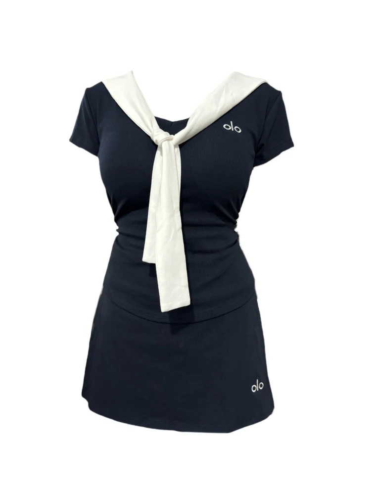 【Amy家】微胖mm学院风刺绣海军领短袖T恤女夏季显瘦撞色时尚两件套