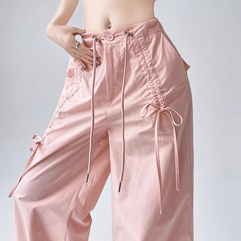 蓝色工装裤女夏季2025新款高腰宽松阔腿抽绳蝴蝶结速干美式运动裤