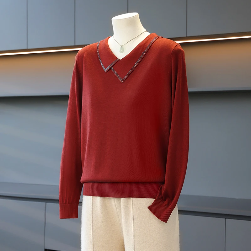 妈妈春秋长袖针织打底小衫薄款上衣中老年女时尚方领T恤百搭毛衣