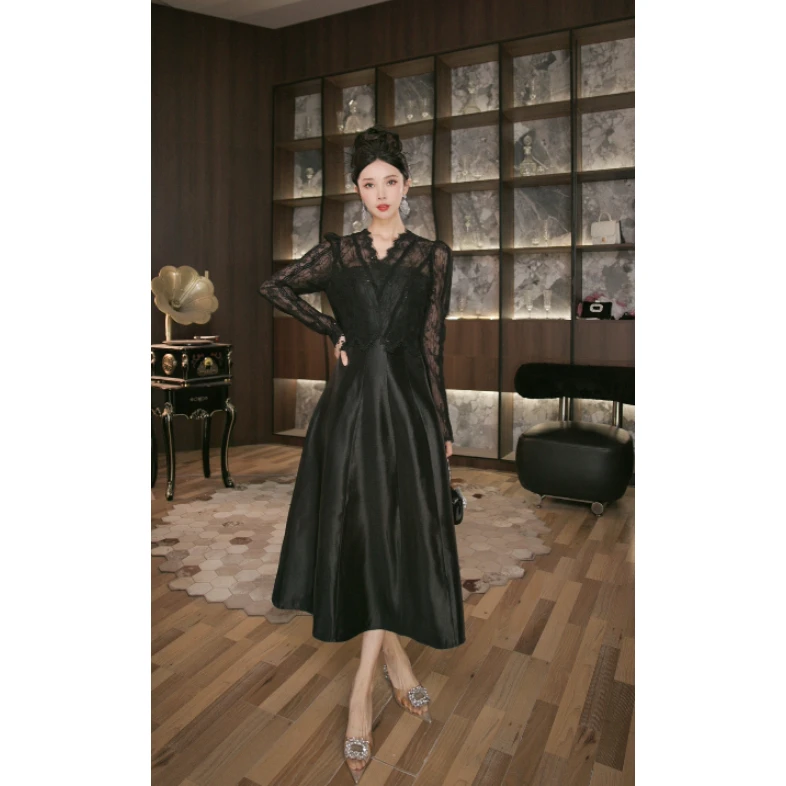 六爻定制 气质新款长袖轻奢设计师款黑裙复古收腰连衣裙 21882