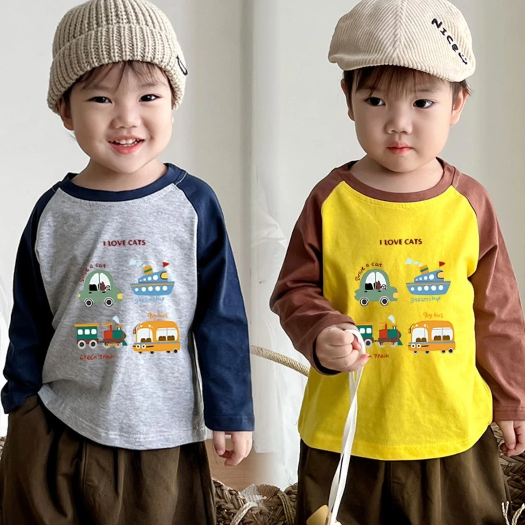 儿童春秋长袖男童女童100%纯棉新款卡通车宝宝T恤中小童打底上衣