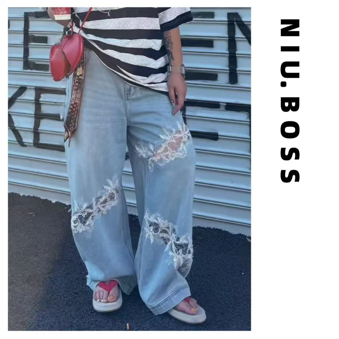 Three Ten. N大码250斤“洱海听风”重工镂空绣花贝壳牛仔裤