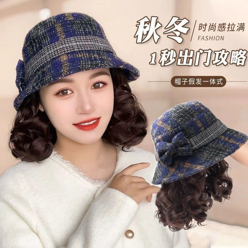 假发秋冬时尚帽子一体渔夫帽中老年妈妈百搭礼帽保暖卷发头套