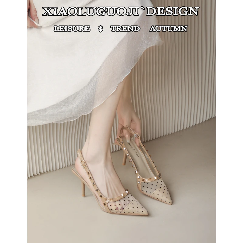 法式高级感包头凉鞋女气质名媛尖头一字带铆钉绝美高跟鞋细跟单鞋