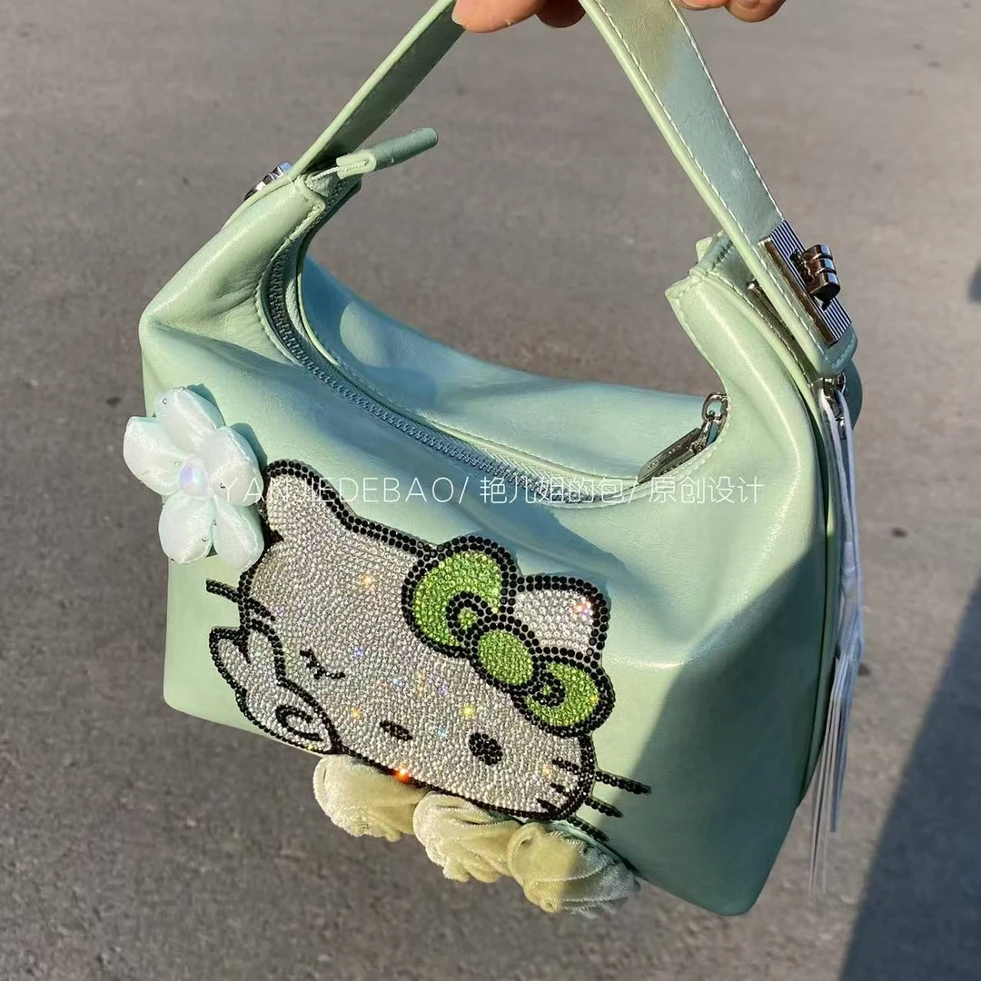 清新牛油果绿色手工包包便当包百搭网红水钻