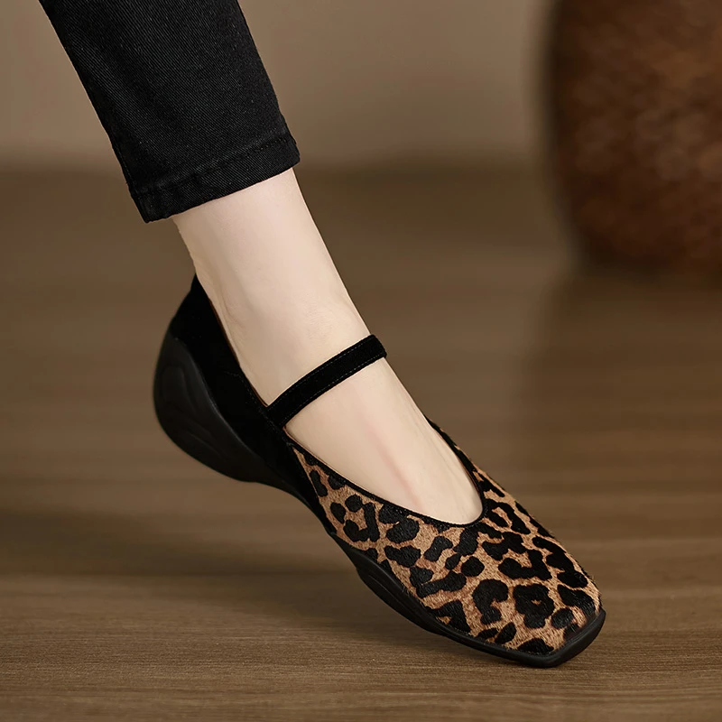 4cm~鞋子女款爆款2025新款豹纹马毛玛丽珍拼接单鞋舒适坡跟小皮鞋