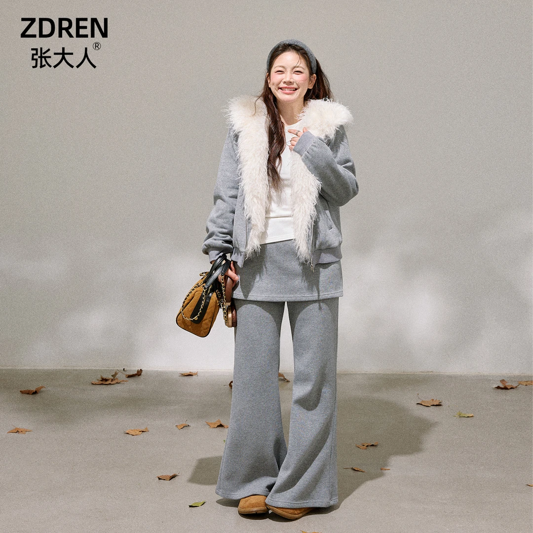 张大人【波兰雪夜】大码女装微胖妹妹老钱灰调毛绒外套休闲裤套装