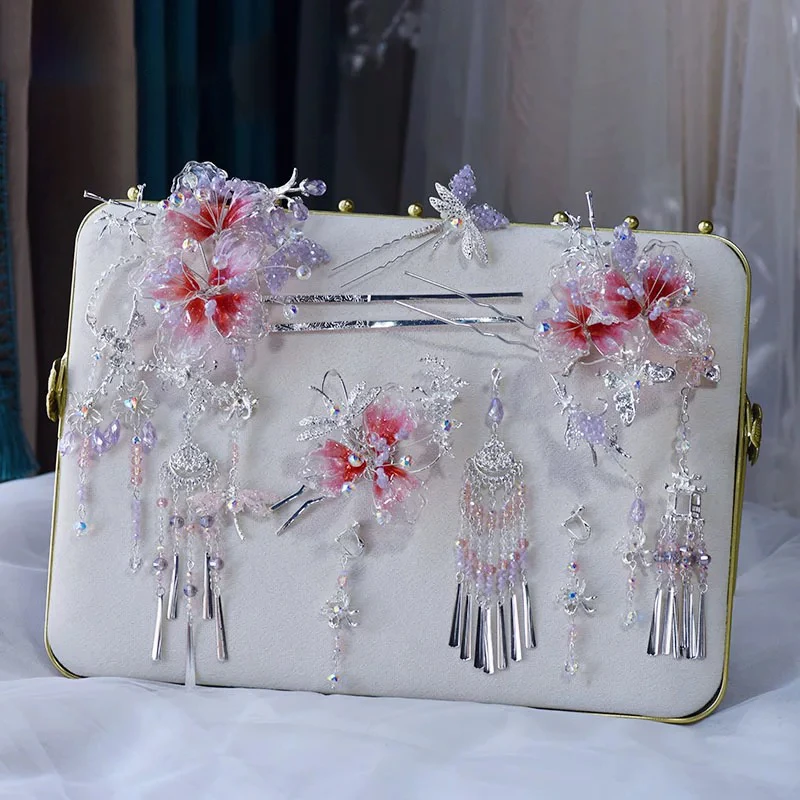 高级感森系甜美浅色水凝花朵水晶发簪新娘秀禾晨袍头饰20250343