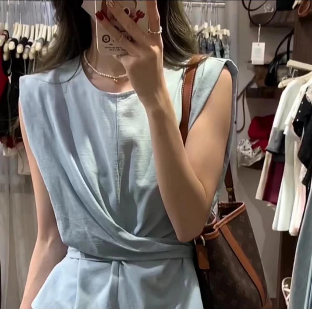 无袖衬衫➕白色阔腿裤两件套M58