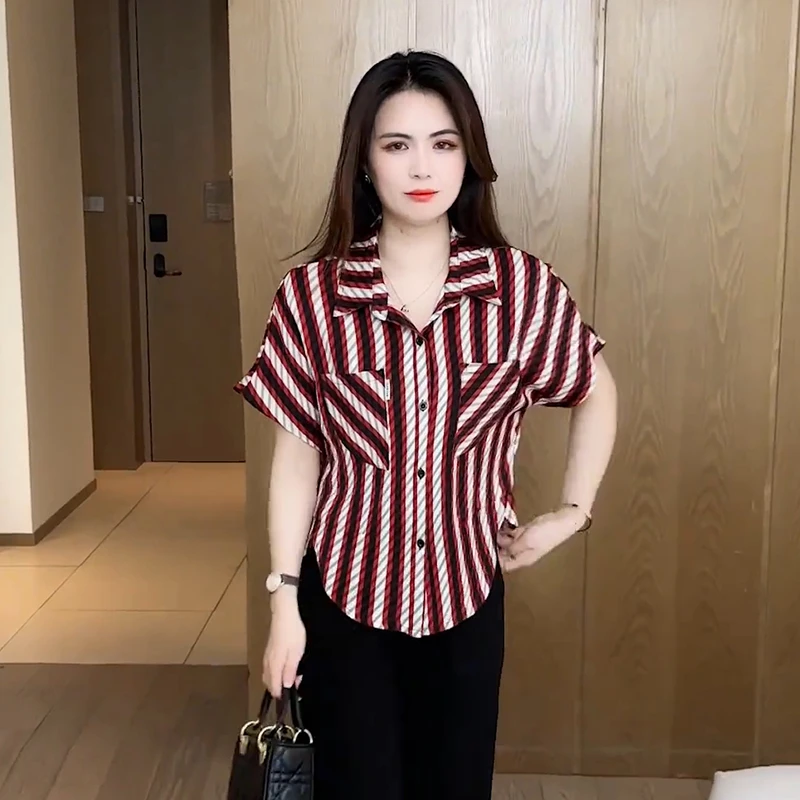 时尚条纹衬衫女2025夏季新款洋气宽松遮肚子显瘦雪纺衫妈妈装上衣