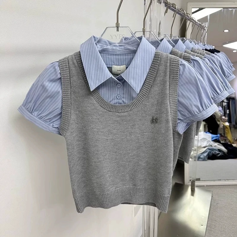 新款小众设计学院风高腰短款假两件拼接短袖衬衫女上衣学院风上衣