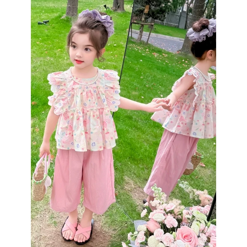 女童夏季飞袖碎花套装2025新款洋气时髦儿童宝宝夏装小女孩直筒裤