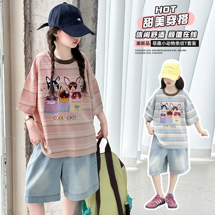 女童装2025新款运动条纹甜美洋气6-12岁学生潮款度假短袖套装痞帅