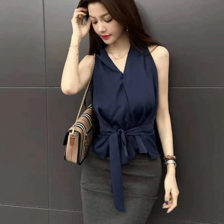 法式印花交叉式v领衬衫女夏季新款设计感绑带挂脖无袖上衣衬衣服