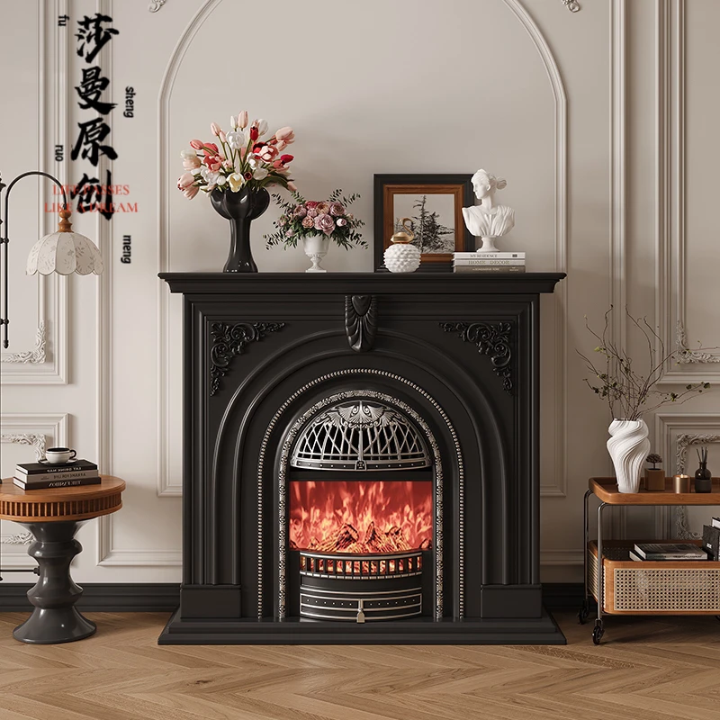 法式实木壁炉装饰柜黑色复古欧式别墅客厅美式玄关仿真壁炉定制
