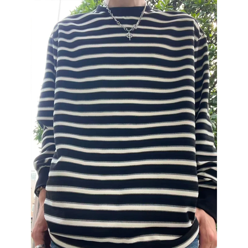 美式复古黑白条纹长袖T恤男女秋季小领口重磅卫衣圆领情侣打底衫