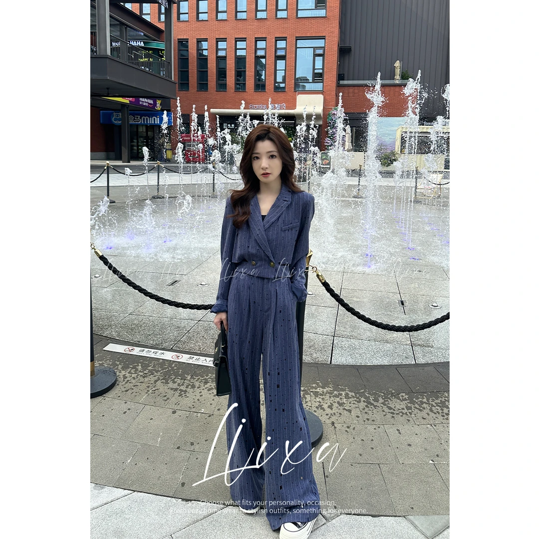 Liixu高级感西装套装女烫钻镂空外套美背阔腿裤三件套24TZ076