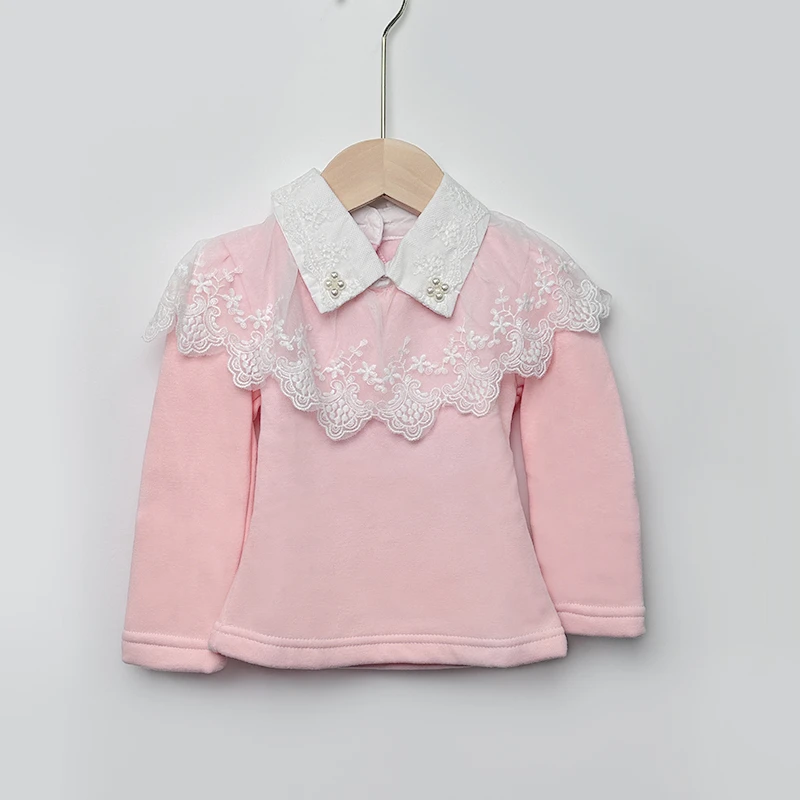 秋冬女童翻领加绒打底衫上衣内搭甜美淑女长袖蕾丝娃娃领绣花上衣