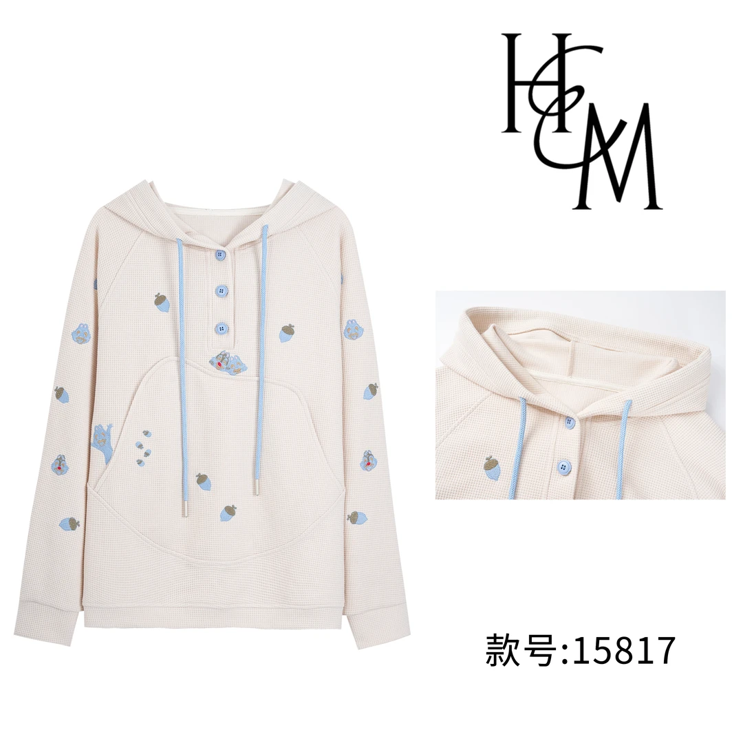 HUIERMAN/慧尔曼时尚设计师款撞色卡通刺绣华夫格连帽卫衣【15817】