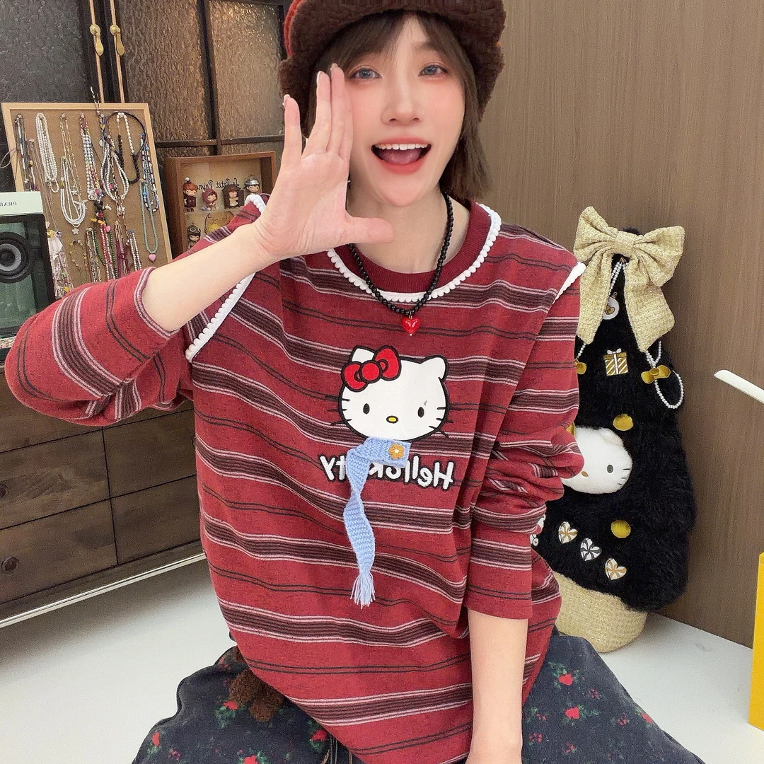 Apr.【大头KT】冬季加绒加厚重工拼接正肩刺绣KT保暖圆领卫衣25F229