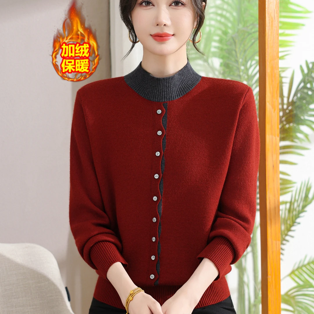 妈妈冬装加绒加厚毛衣保暖打底衫中老年女冬季内搭针织衫过年衣服