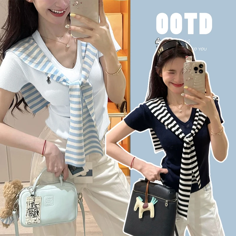 Moses Queen/魔西女王V领刺绣条纹披肩短袖T恤女修身显瘦针织上衣