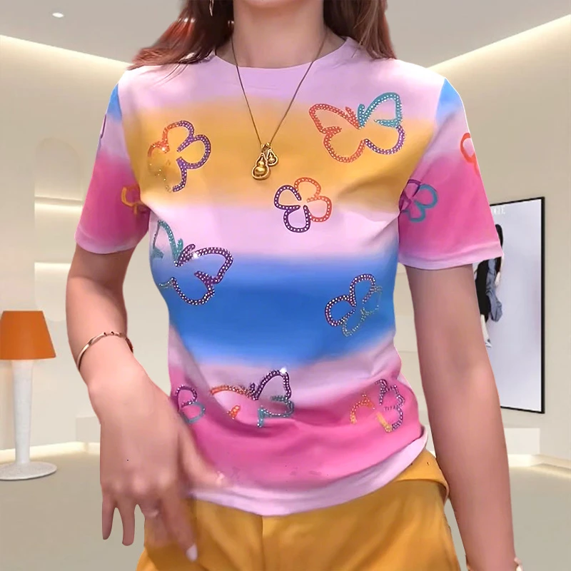 夏季新款圆领正肩修身t恤女士短袖设计感烫钻蝴蝶印花彩色上衣女