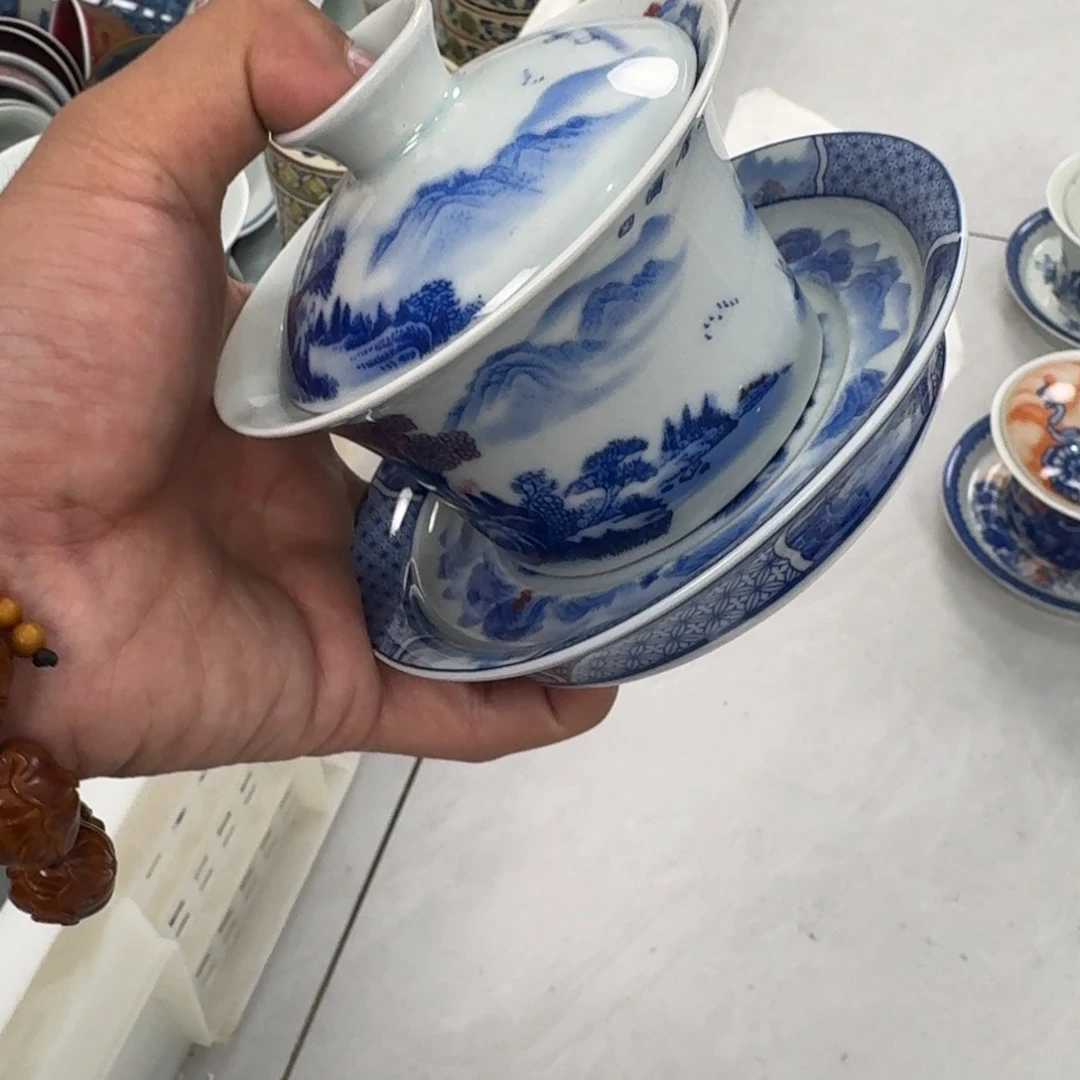 摆件富春山居图三才盖碗