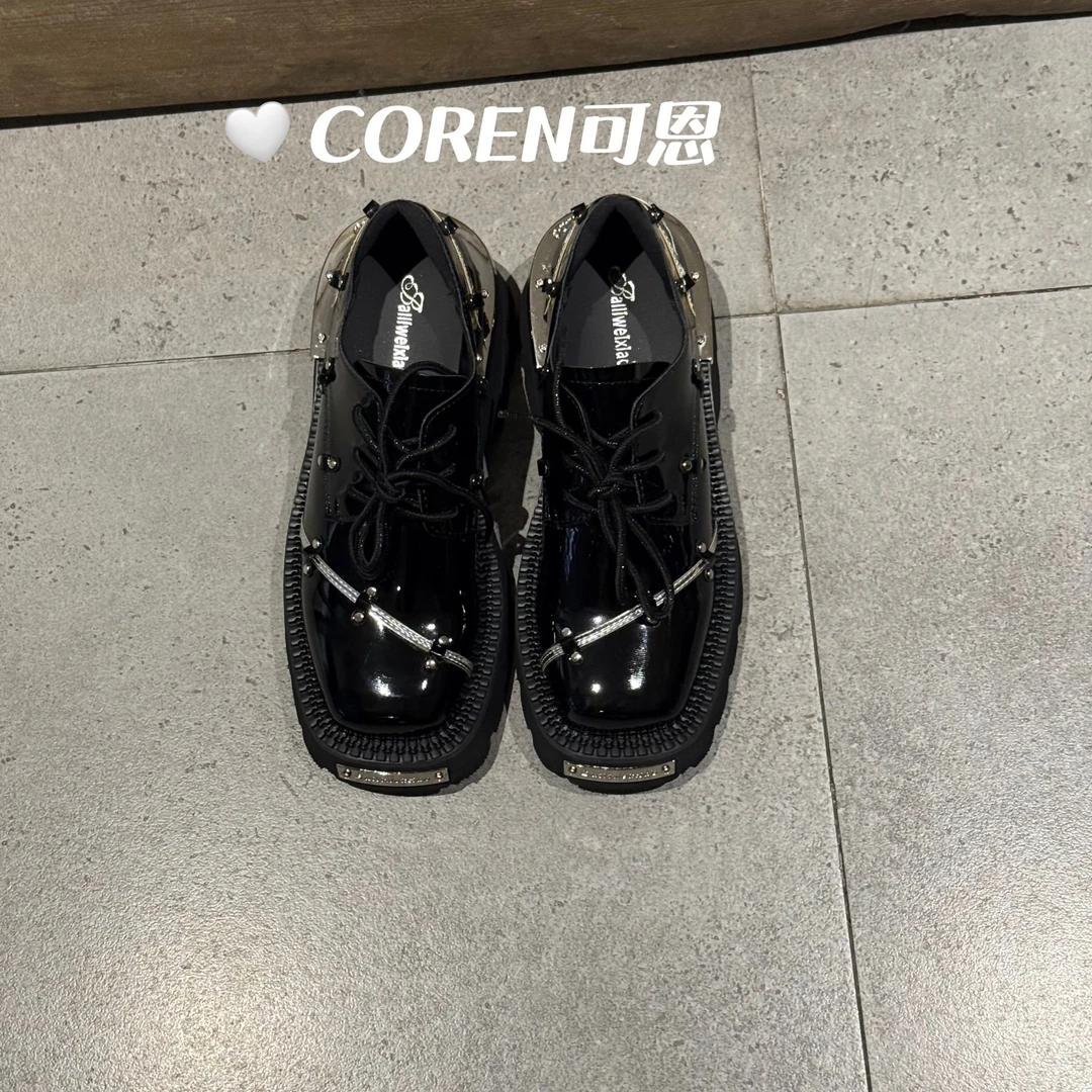 英伦厚底德比鞋女金属装饰黑色小皮鞋百搭JK设计感乐福鞋