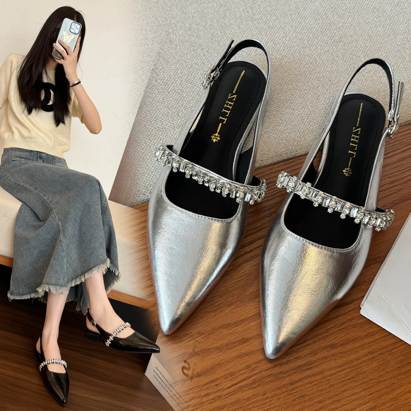 黑/杏/银三色水钻包头半拖鞋平底穆勒鞋凉拖鞋女外穿宽胖脚大码