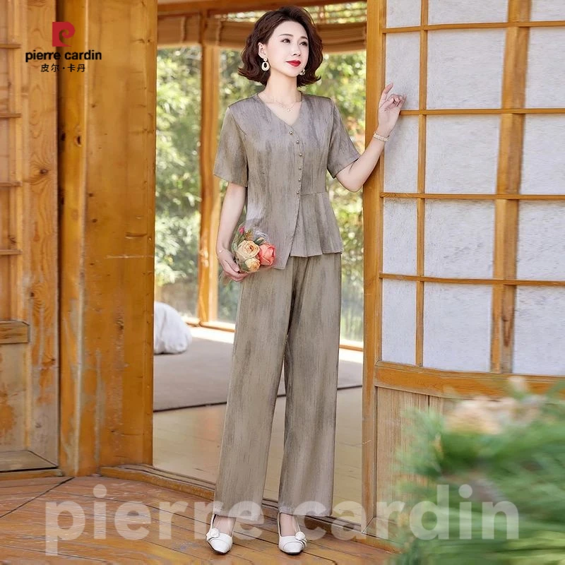 皮尔卡丹2025年新款妈妈春夏装两件套套装中老年女上衣时尚洋气高