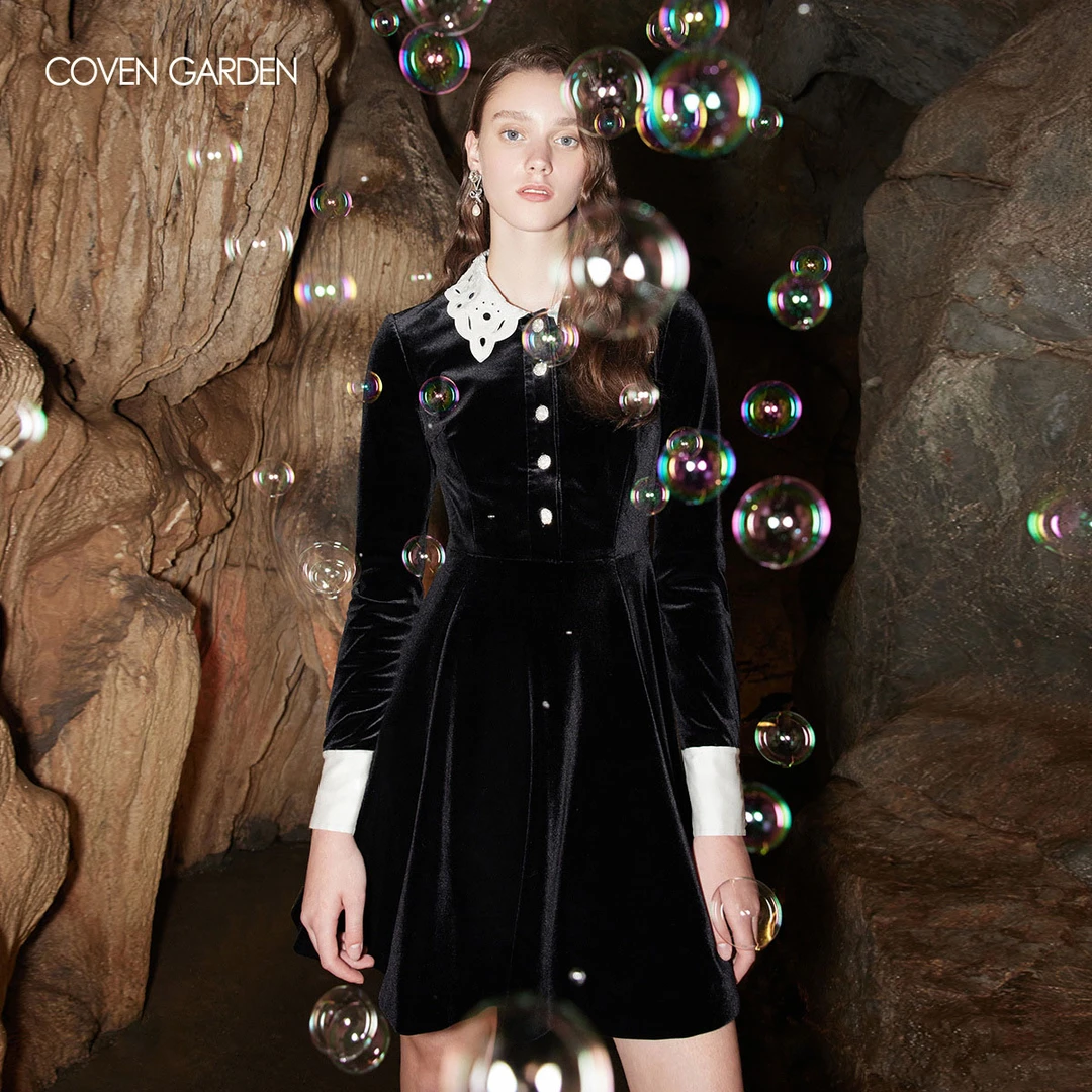 【达人专属】哥文花园黑色复古法式丝绒连衣裙小黑裙穿搭CTA4081920