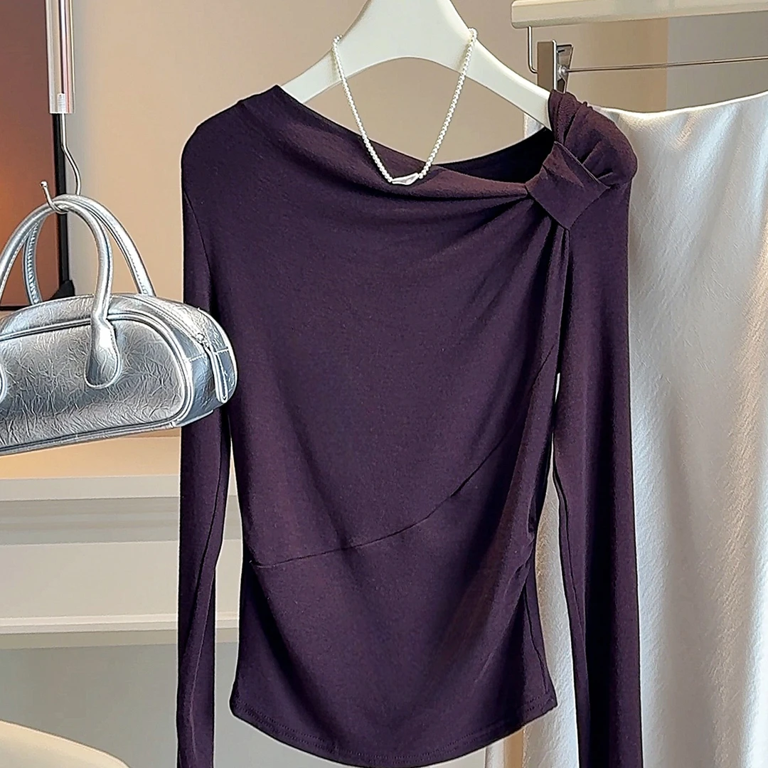2025早秋季新款斜领上衣褶皱修身显瘦设计感长袖T恤女内搭打底衫