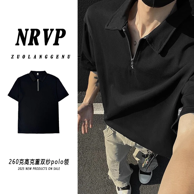 品质潮男半拉链Polo领夏季纯色纯棉新款个性短袖t恤衫男装上衣潮