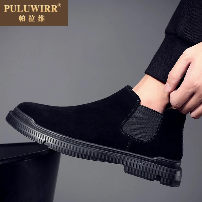 新款低帮切尔西靴男士马丁靴加绒保暖翻毛皮鞋子男潮休闲鞋英伦风