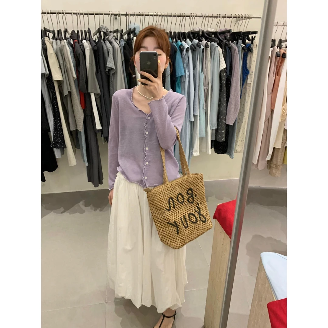 53023 木耳边设计V领针织开衫