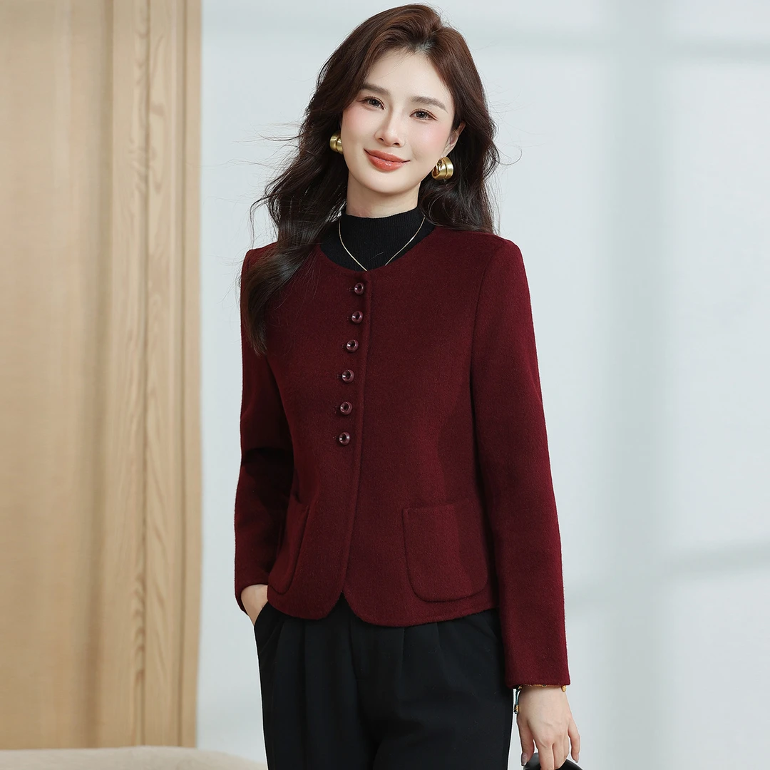 blx9709酒红色小香风毛呢外套女2025秋冬新款百搭小个子气质大衣