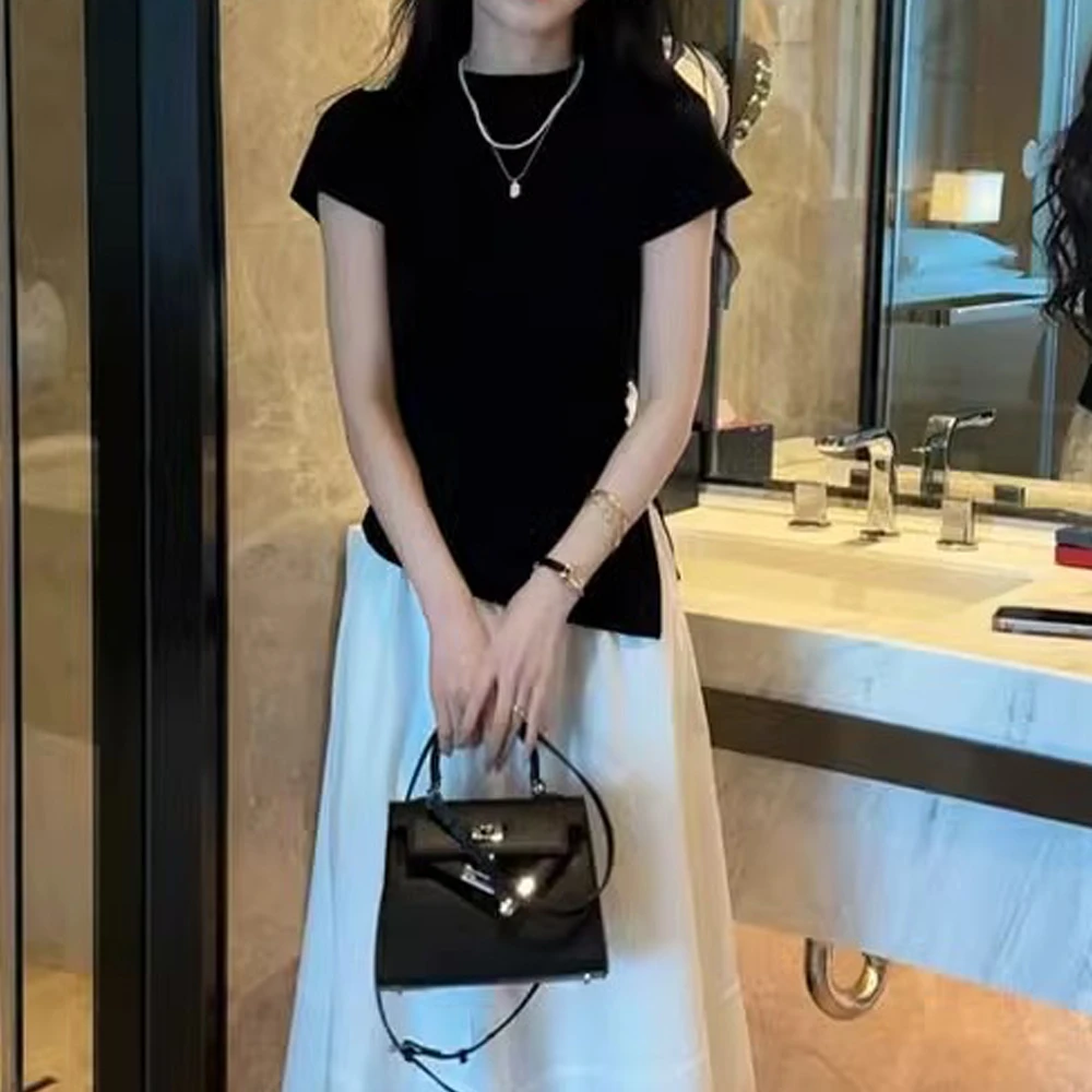 不规则下摆短袖针织衫女2025夏季胖MM大码女装收腰修身显瘦小上衣