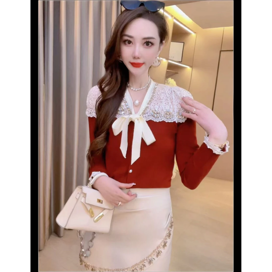 【凝香】重工钉珠拼接蕾丝蝴蝶结轻奢百搭显瘦针织开衫上衣