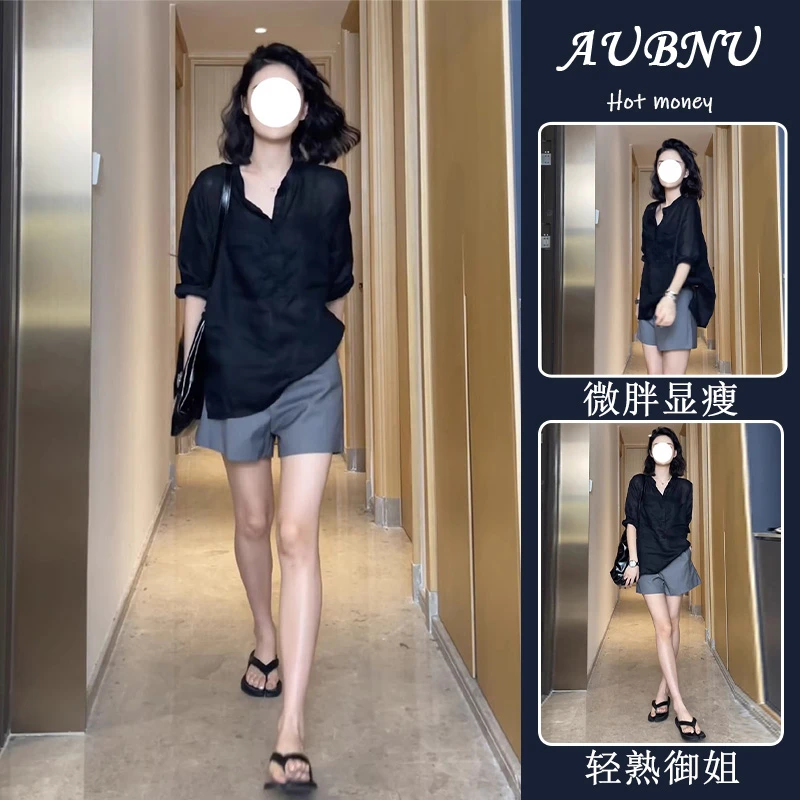 夏装搭配一整套黑色防晒衬衫气质高级感港系穿搭微胖显瘦减龄套装