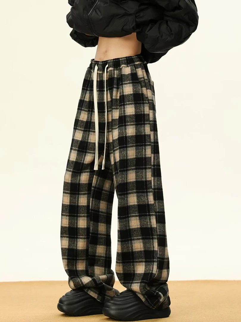 C1D/B6-2-3黑杏色“格纹松紧腰“加绒休闲裤（3329）