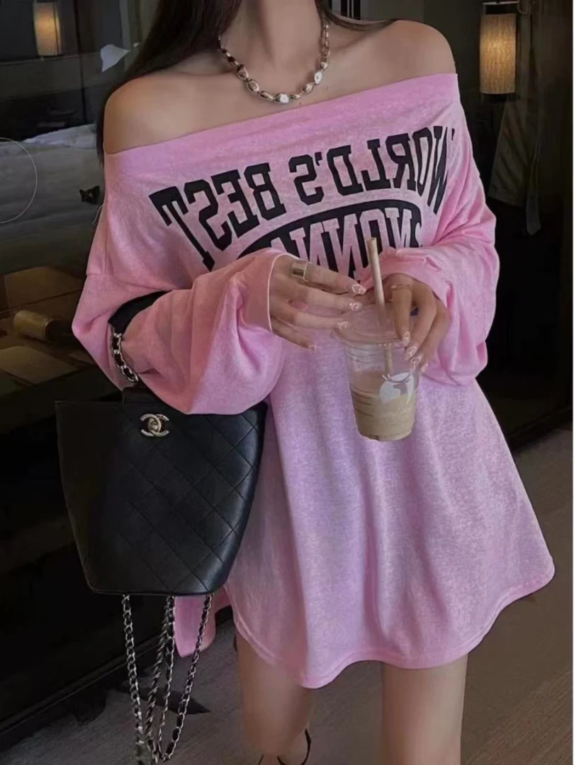 大码女装2320辣妹性感薄款一字肩百搭上衣长袖露肩中长防晒T恤