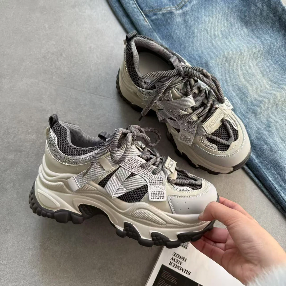 厚底老爹鞋女2025春季新款百搭水钻增高显脚小透气休闲鞋V06