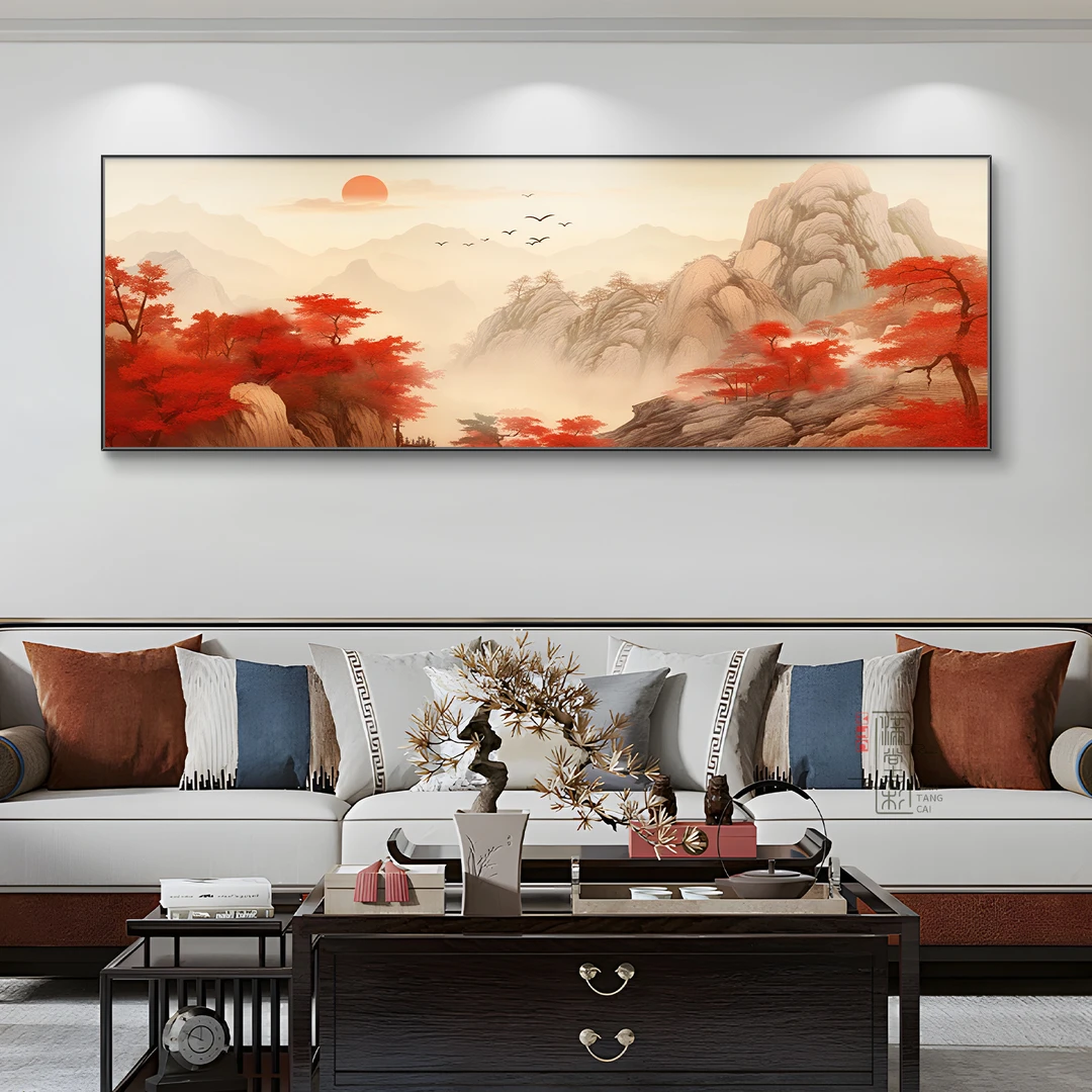 鸿运当头新中式客厅沙发背景墙挂画红叶满山红红火火靠山图风景画